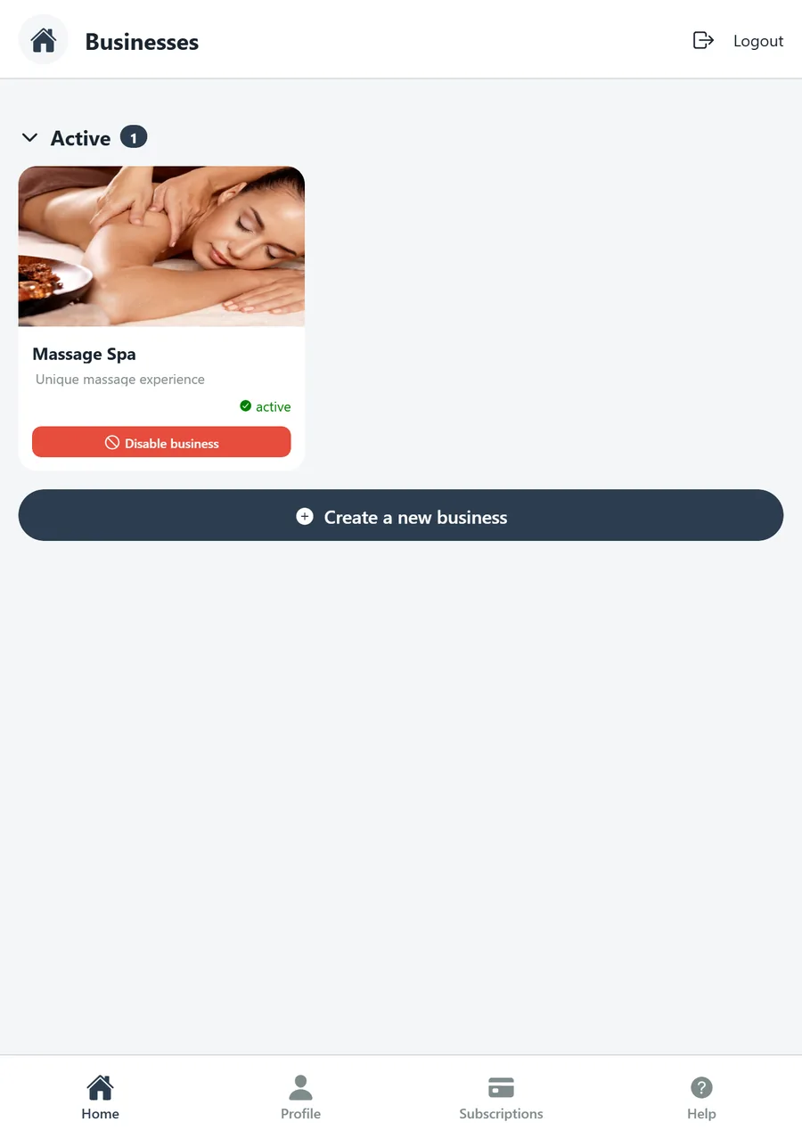 Businesses screen with one active business card, Massage Spa, and a Create a new business button