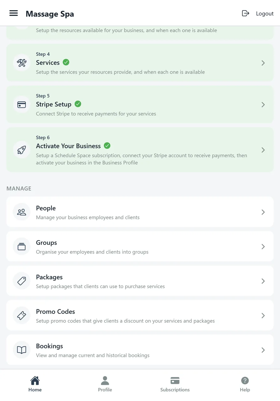 Business home scrolled to the Manage section: People, Groups, Packages, Promo Codes, Bookings