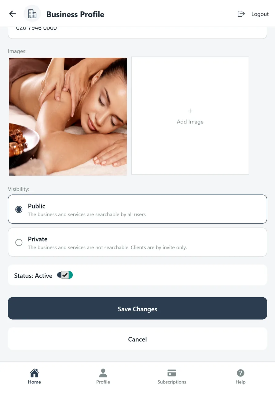 Business Profile scrolled to images, visibility, status and Save Changes