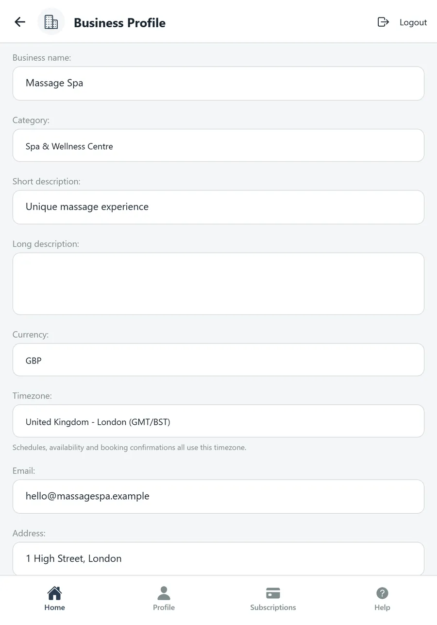 Business Profile form: name, category, descriptions, currency, timezone, email and address
