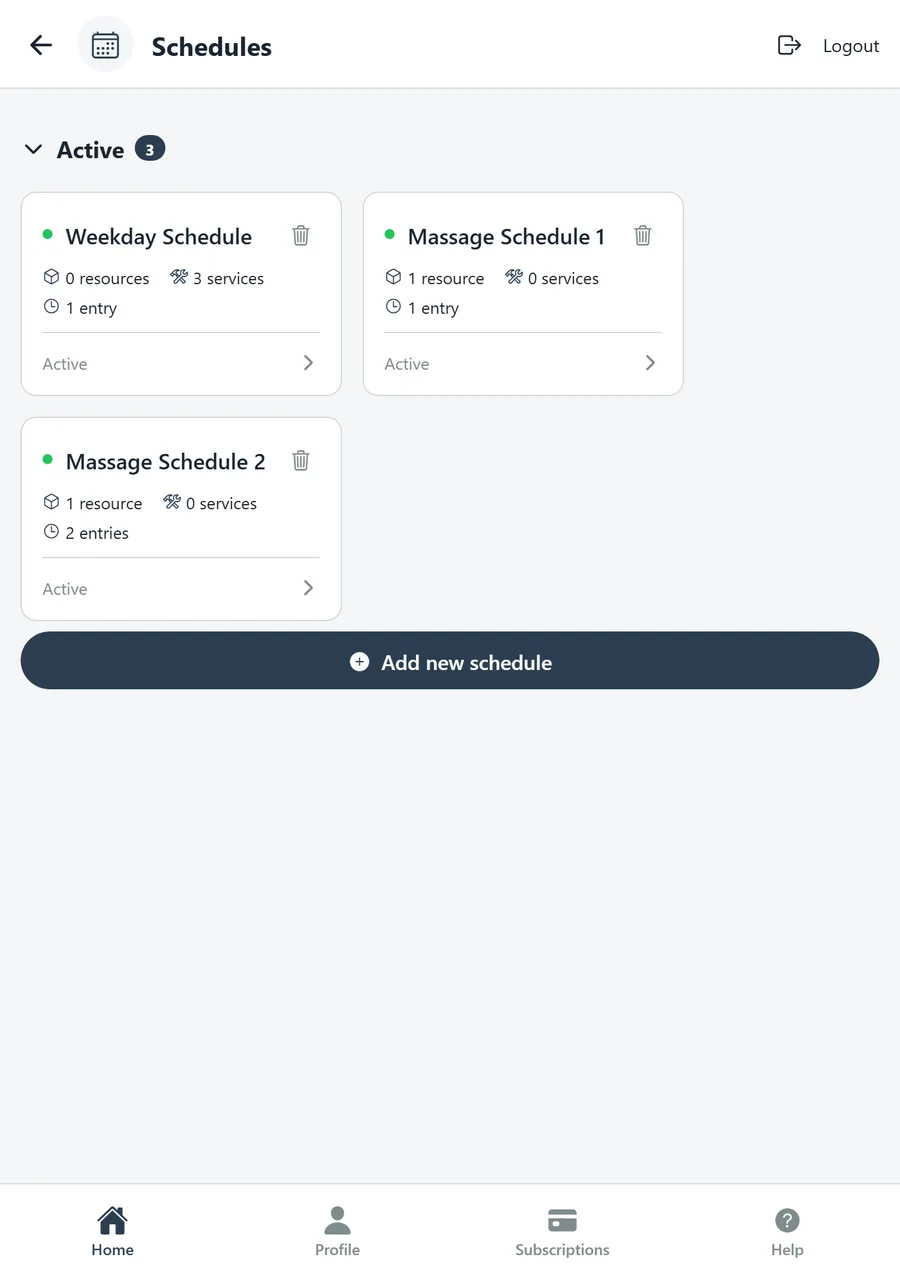 Schedules list with three active schedules