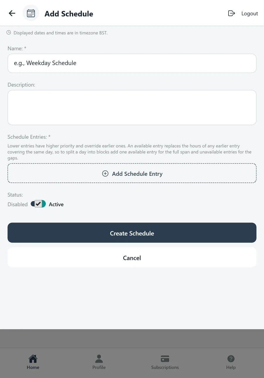 Add Entry form: availability, days of the week, time period, recurrence, start and end date