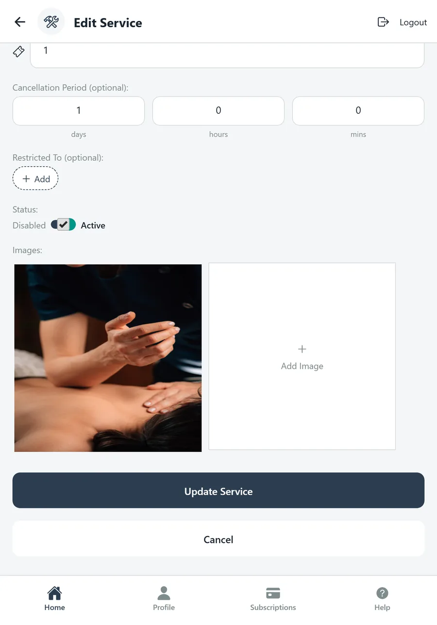 Edit Service: restricted to, status, images and Update Service