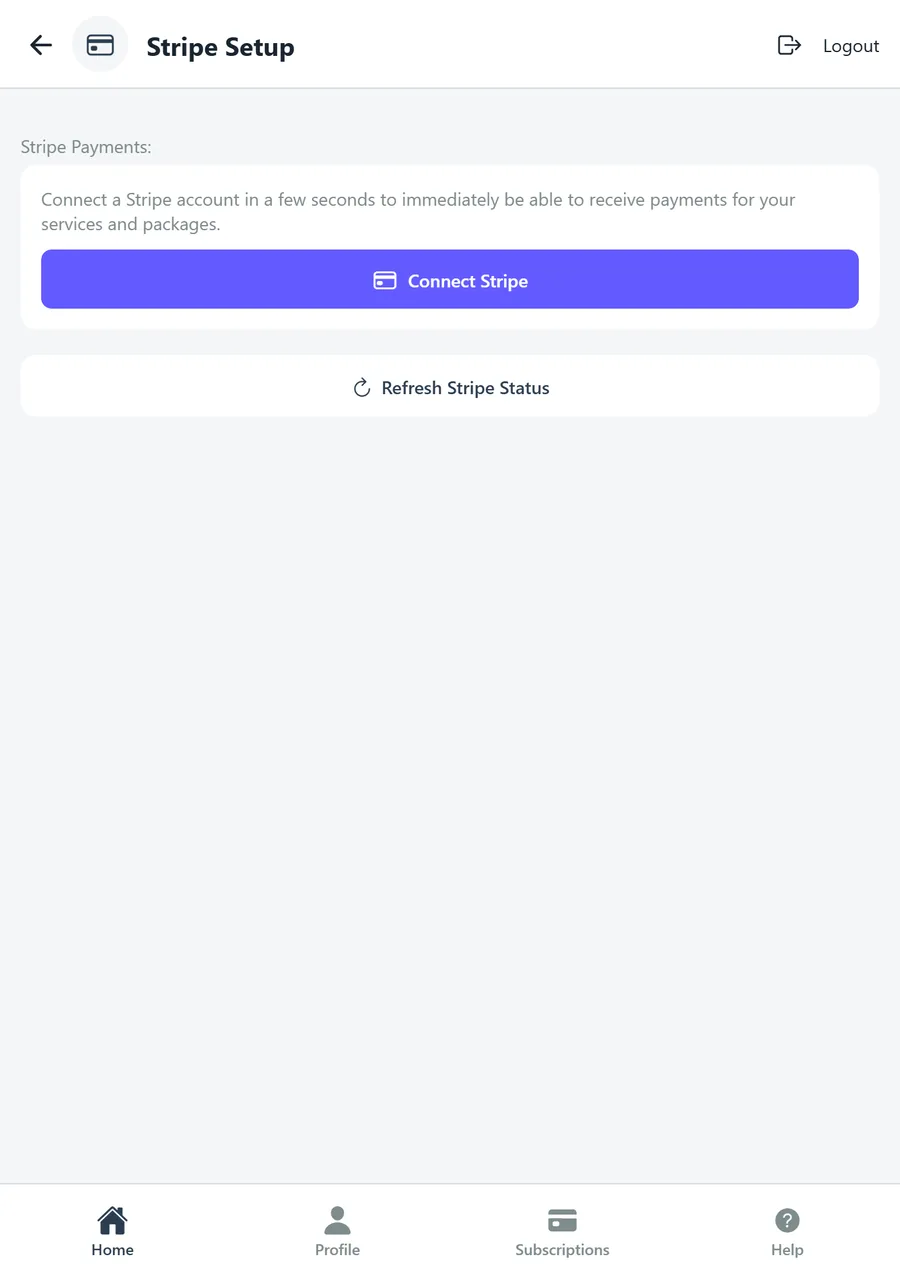 Stripe Setup screen with Connect Stripe and Refresh Stripe Status buttons