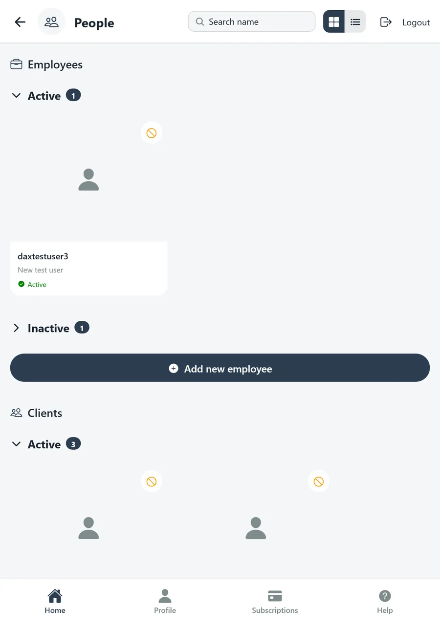 People screen: Employees section with one active employee and an Add new employee button