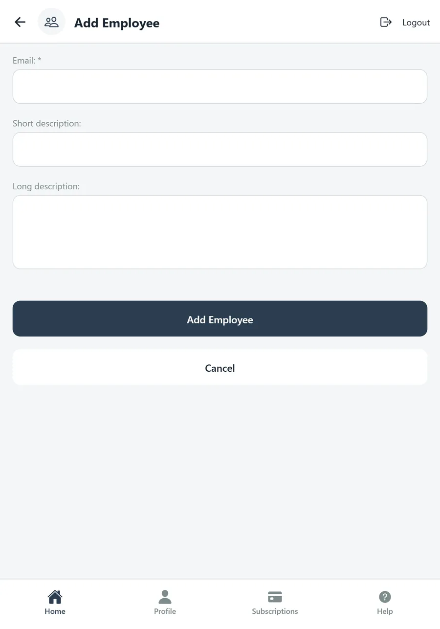 Add Employee form with email and descriptions