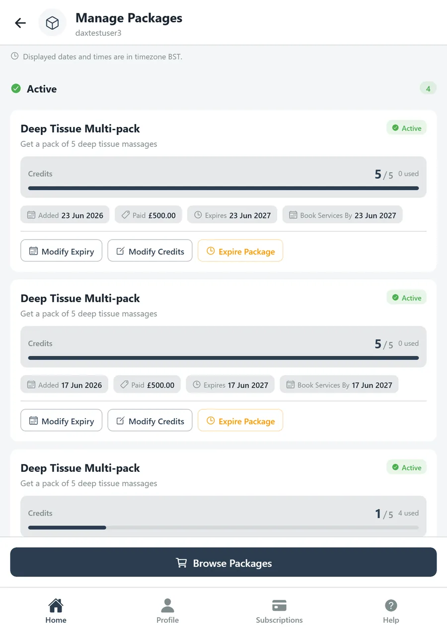 Manage Packages for an employee, listing packs with credits used and expiry