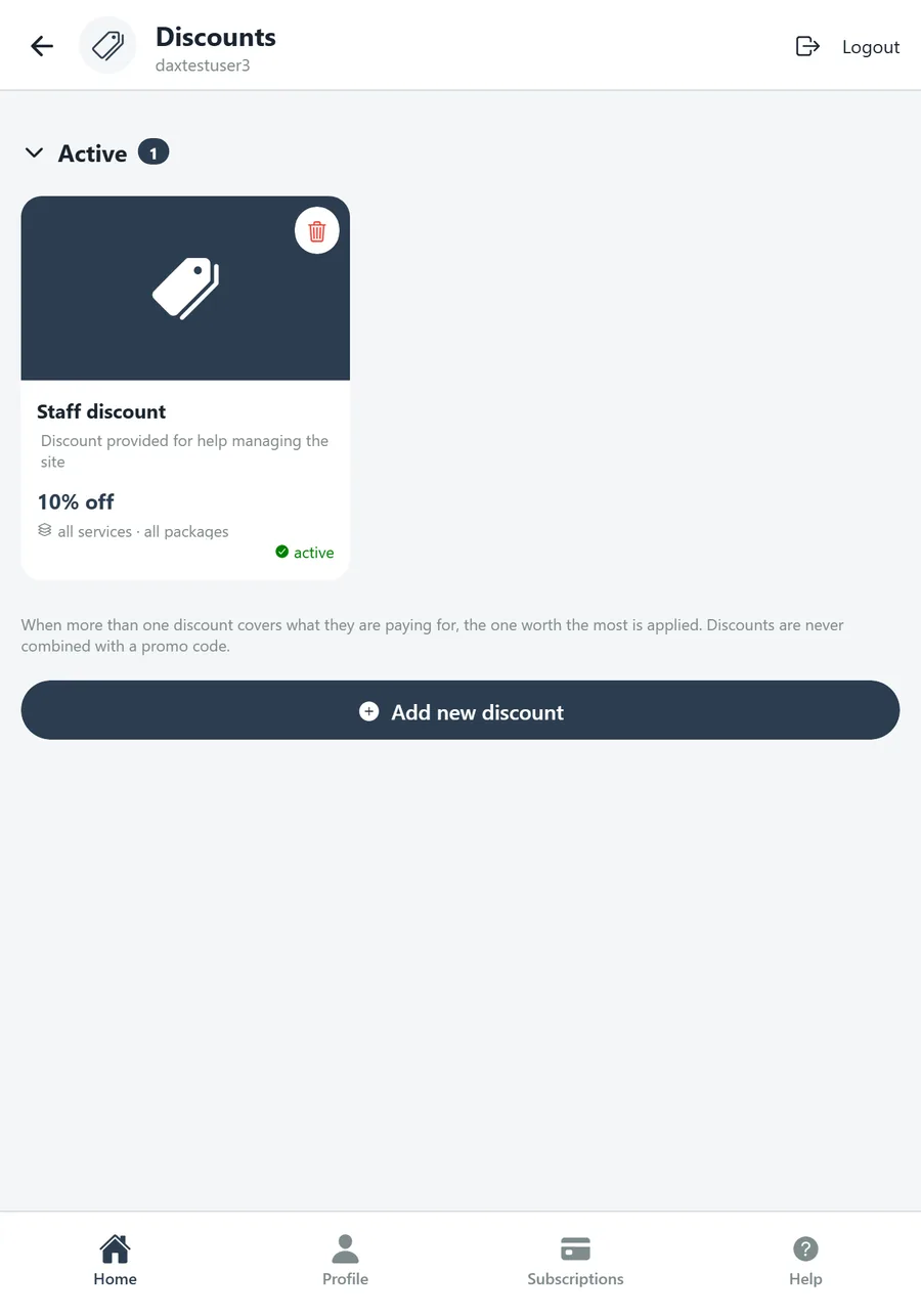 Discounts for an employee showing a 10% staff discount