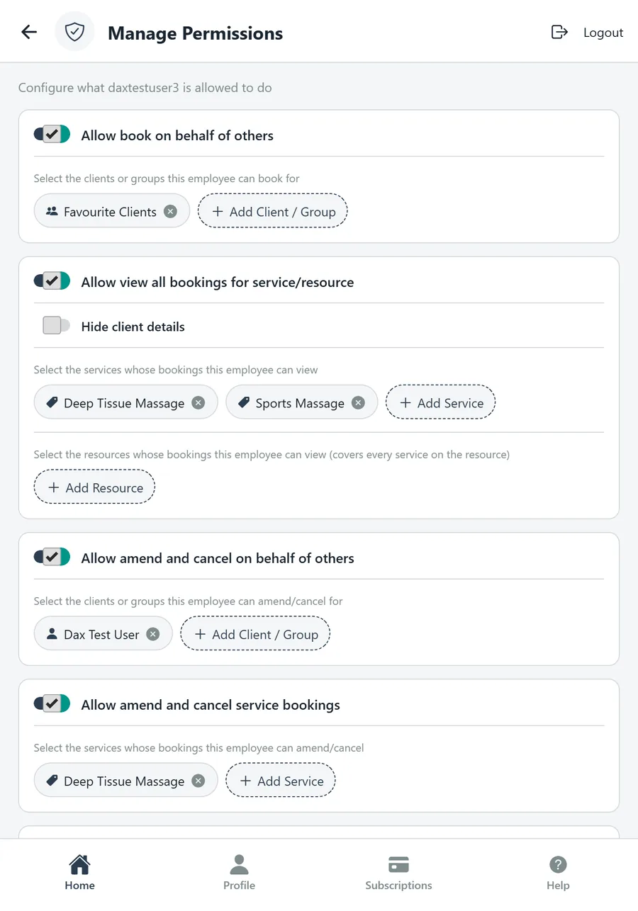 Manage Permissions: booking on behalf of others and viewing bookings