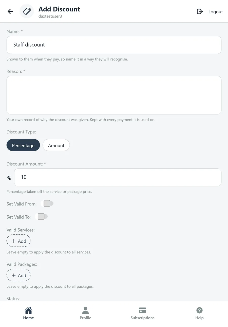 Add Discount form: name, reason, type, amount, validity, services and packages