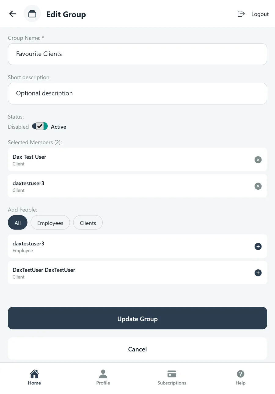 Edit Group with selected members and people to add
