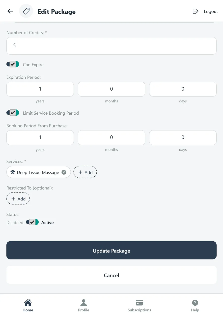 Edit Package scrolled to services, restrictions and status