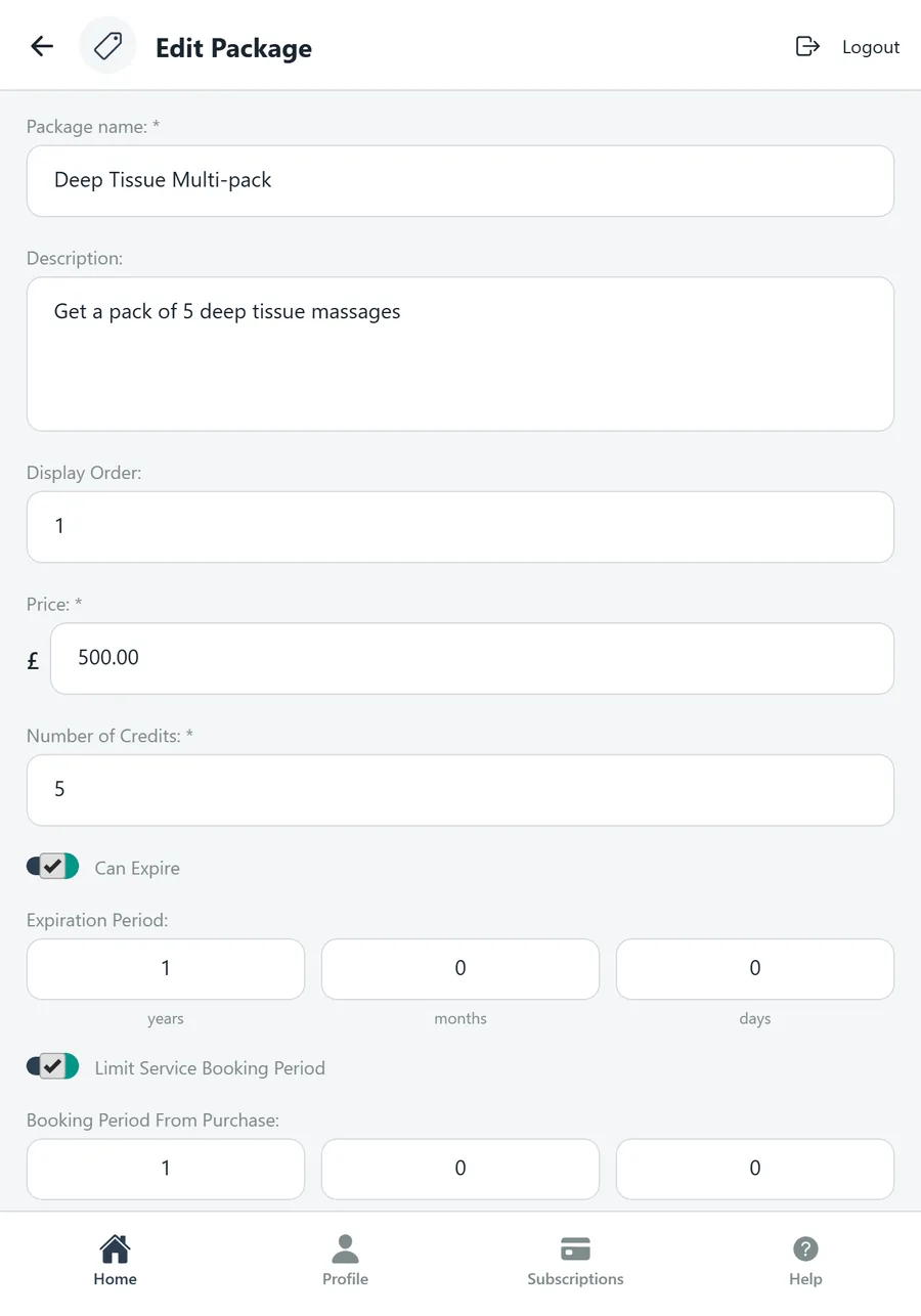 Edit Package: name, description, price, credits, expiry and booking period