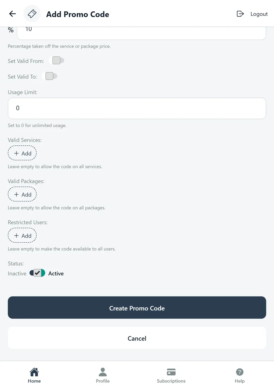 Add Promo Code scrolled to valid services, packages, restricted users and status