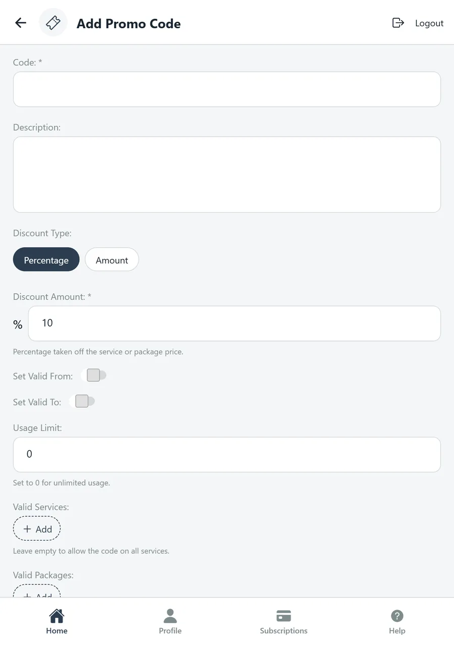 Add Promo Code: code, description, type, amount, validity and usage limit