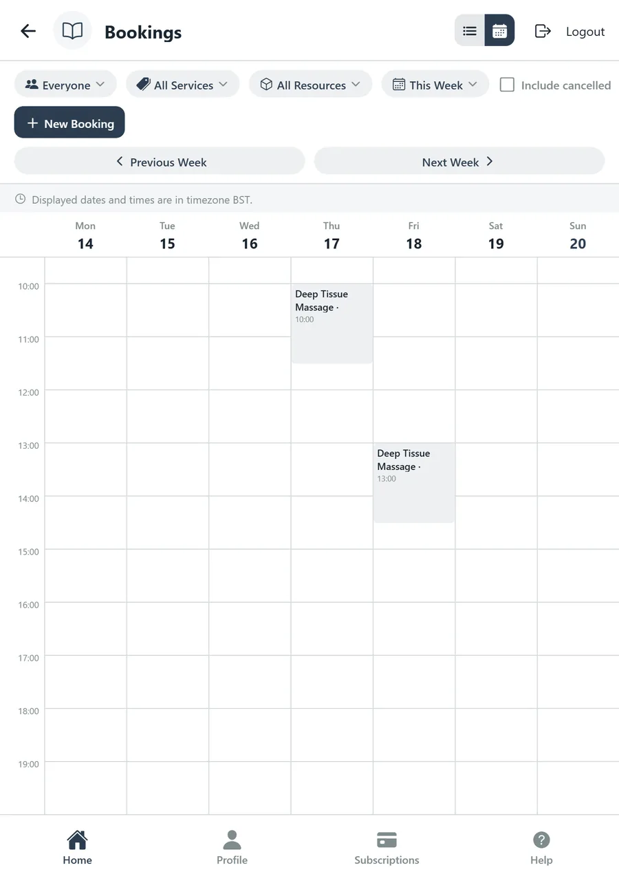 Bookings calendar view showing the week grid