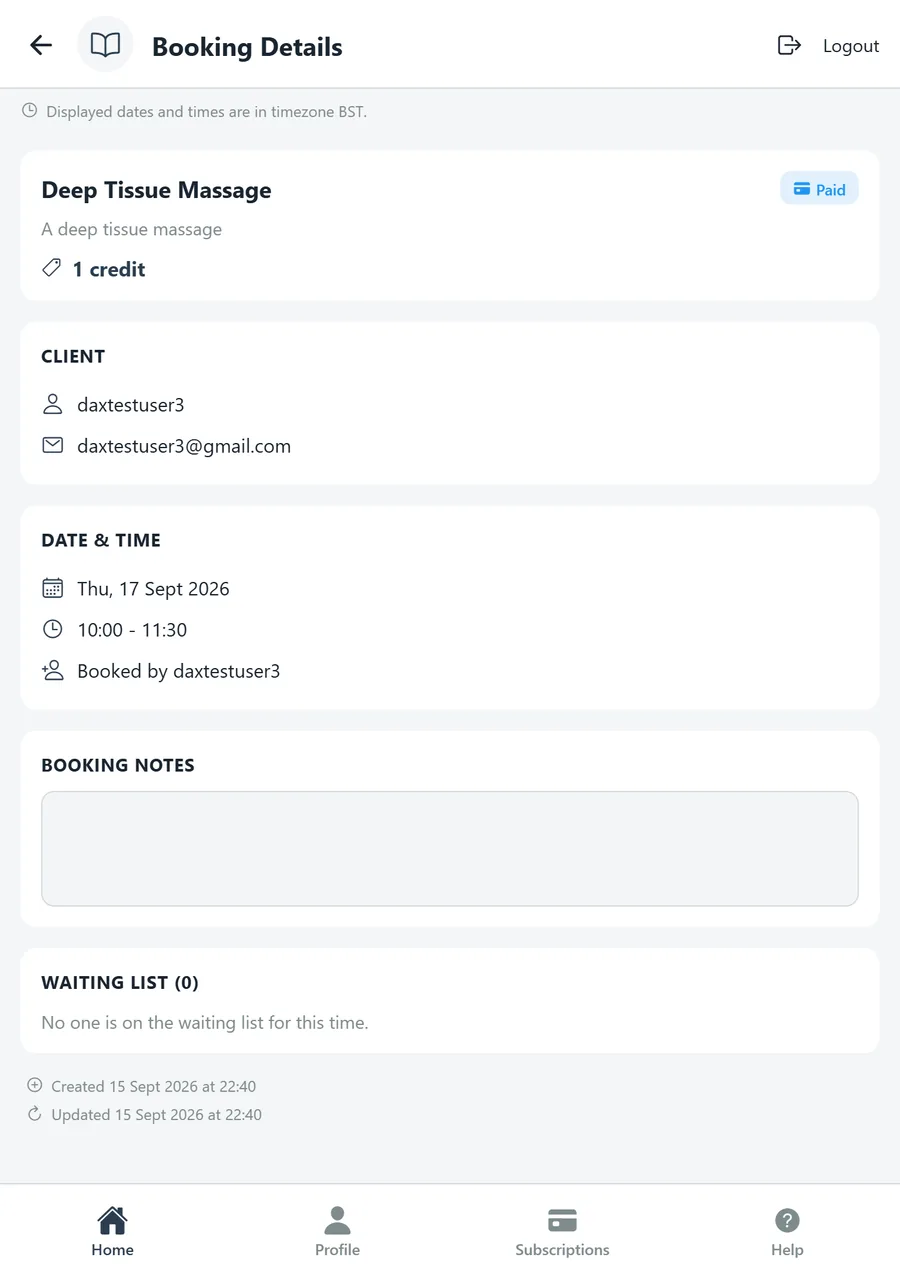 Booking Details: service, client, date and time, notes, waiting list