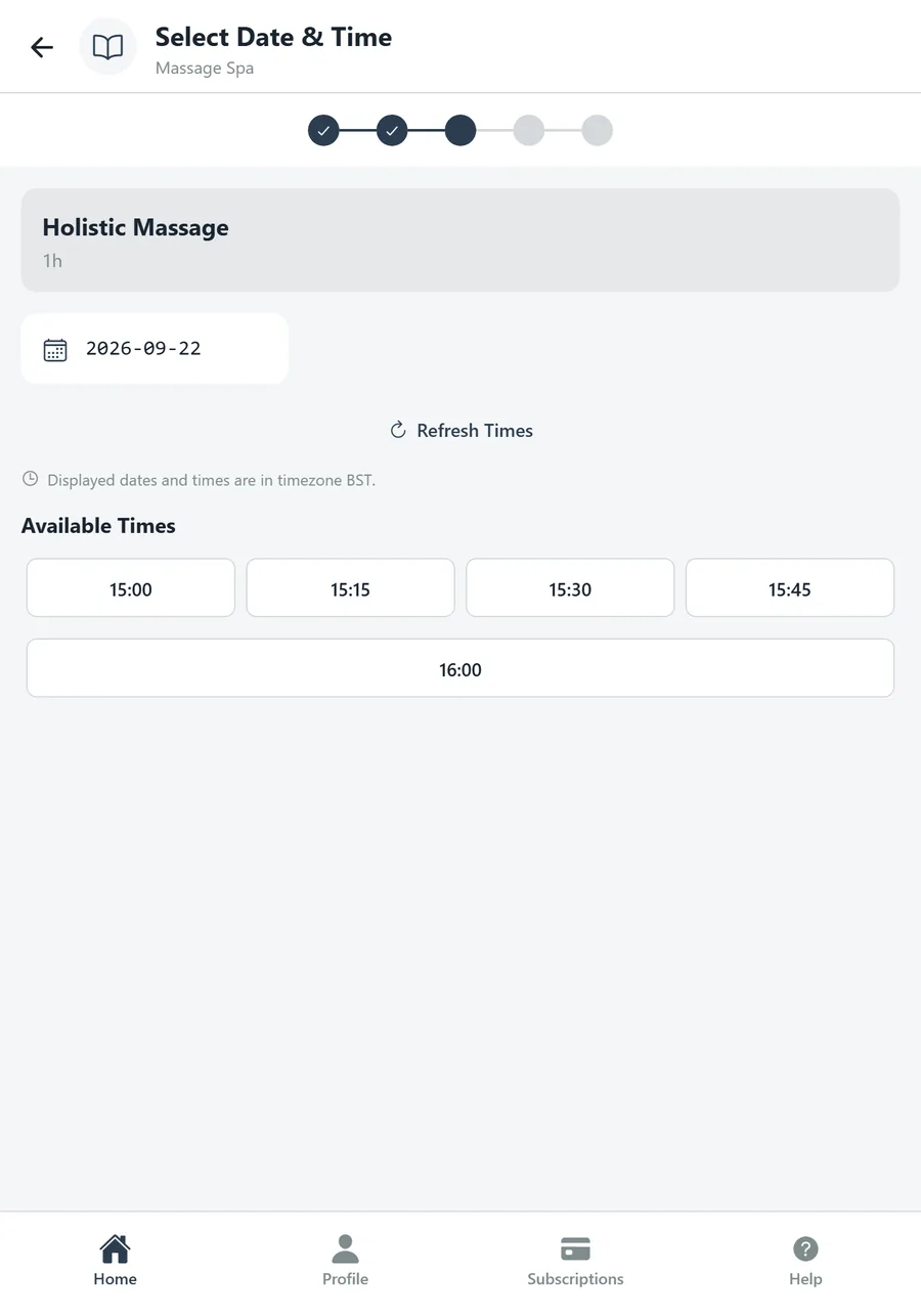 New Booking step 3: Select Date and Time with available times