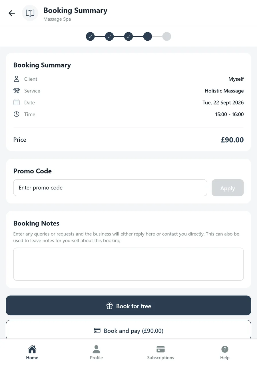 New Booking step 4: Booking Summary with promo code and notes