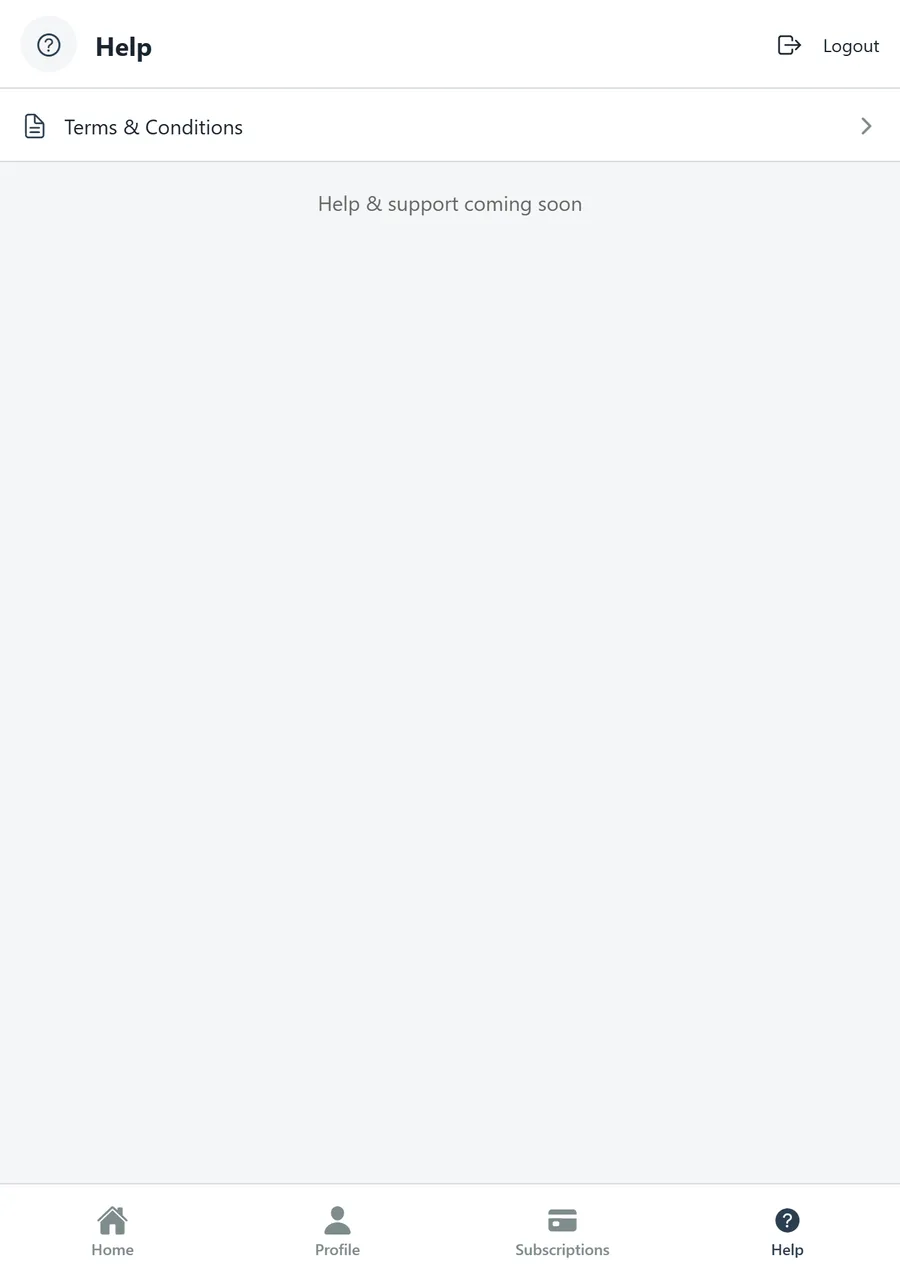 Help screen with Terms and Conditions